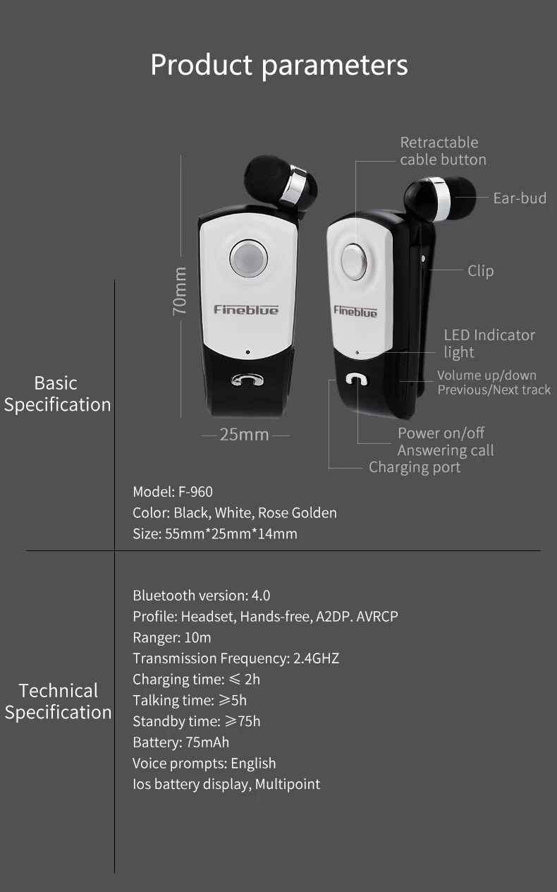 Fineblue F960 Bluetooth наушники Беспроводной Handsfree гарнитура бизнес с микрофоном Звонки напомнить износ вибрации пульт на прищепке