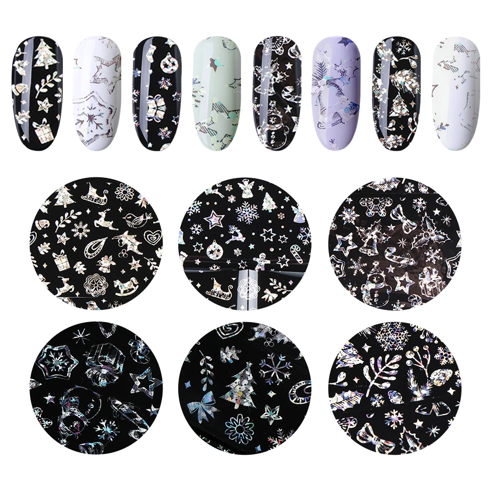 

8pcs/set Christmas Image Holographic Nail Foil Set Snow Flower Star DIY Beauty Sticker Nail Art Tool 3D Adhesive Tips Manicure