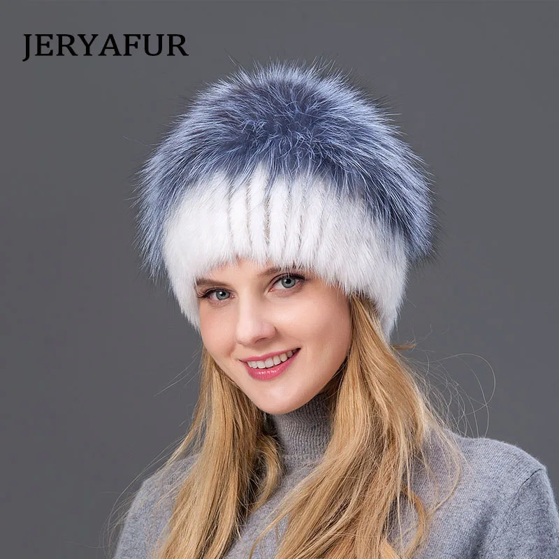 JERYAFUR, женские новые меховые шапки для зимы, меховая шапка из натуральной норки, мех серебристой лисы, помпоны, вязаная шапка, новинка, распродажа, меховые шапки - Цвет: COLOR4