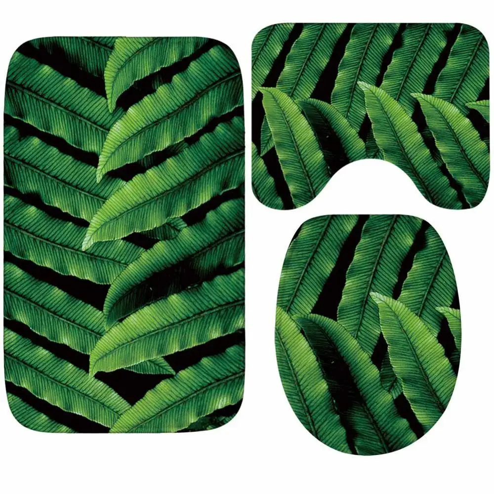 

Fresh Green Leaf Bathroom Toilet Seat Toilet Mat Combination Toilet Water Absorption Non-Slip Three-Piece Set Of Carpet
