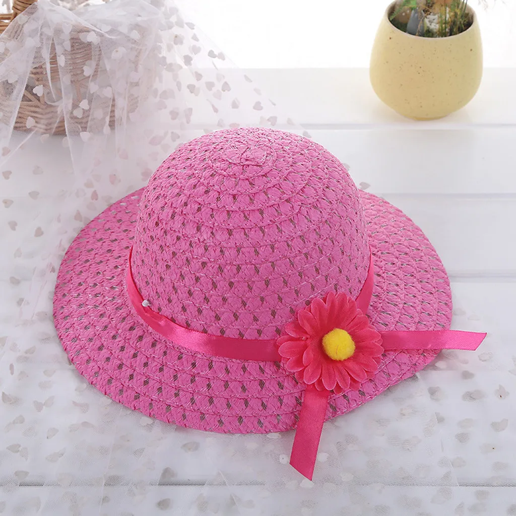 Летний детский для девочек в цветочек цветок соломенная шляпа от солнца пляжные шляпы для От 1 до 6 лет мода - Цвет: Hot Pink