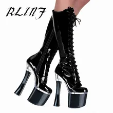 Новая мода супер высокая обувь 19 см толщиной с передней части Лакированная кожа Сапоги и ботинки для девочек
