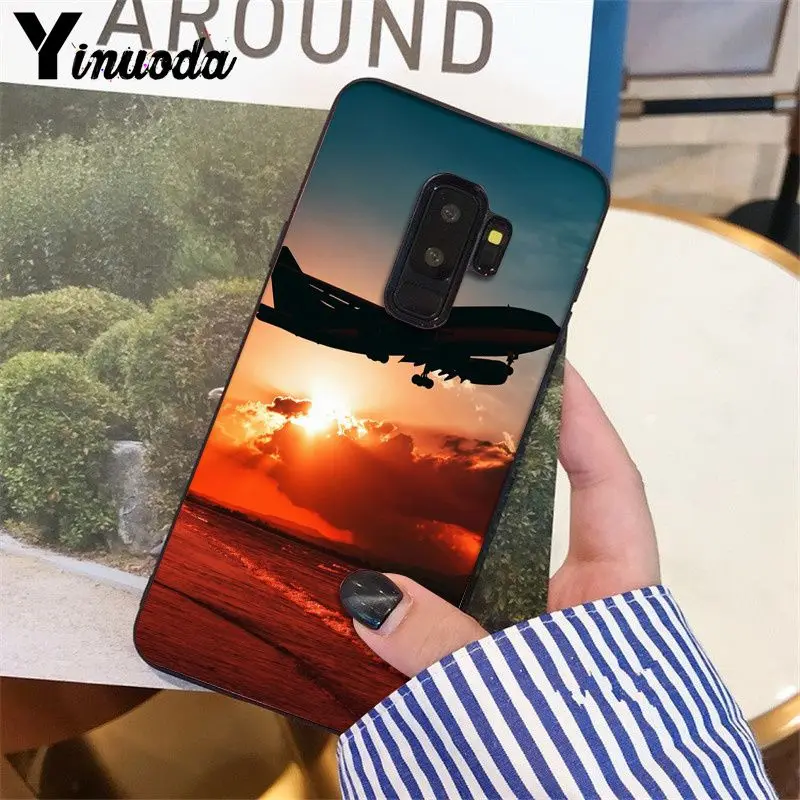 Airplane travel in the sunset