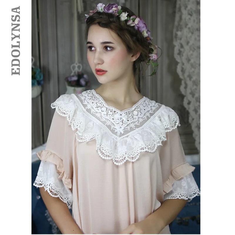 

Lace Embellished Ruffle Hem Nightgown Victorian Dress Vintage Sleepwear Women Autumn Cotton Night Dress Large Size Homewear T301