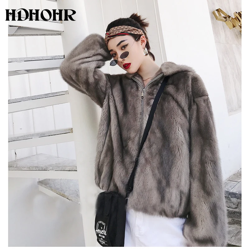 HDHOHR 2024 New Real Mink Fur Coat Women Winter Short High Grade Mink Coat Multiple Colour Natural Mink Fur Jackets With Big Hat