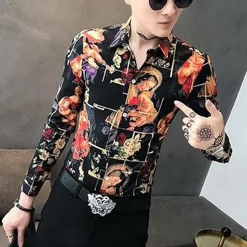 

Self-cultivation Personality Printing Long Sleeve Shirt Nightclub Shirt Mens Casual Slim Fit Flower Shirt Men Camiseta Masculina