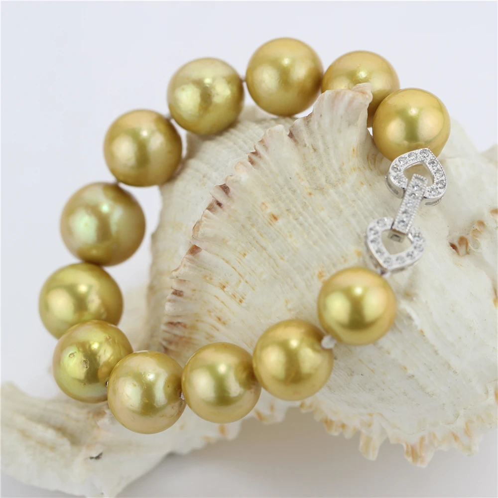 SNH 10-13mm edsion golden AA+ 925silver natural freshwater pearl bracelets Fine Jewelry