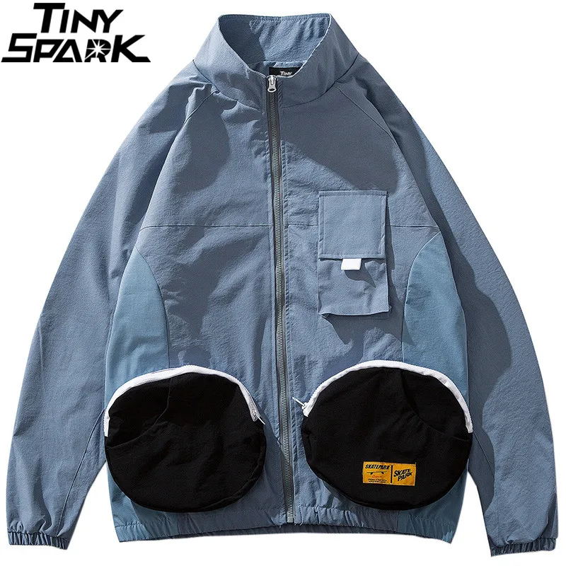 

2019 Men Hip Hop Jacket Streetwear Mult Pockets Zipper Jacket Windbreaker Harajuku Retro Color Block Track Jacket Coat Hipster
