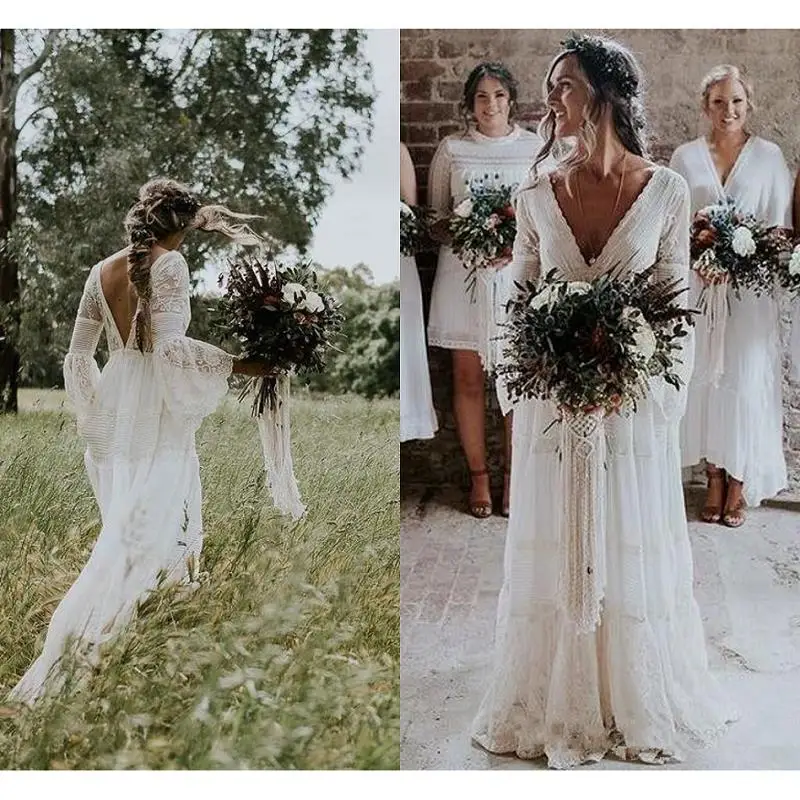 Богемское свадебное платье в деревенском стиле свадебное платье de mariee с длинными рукавами платье невесты ручной работы с v-образным вырезом и открытой спиной