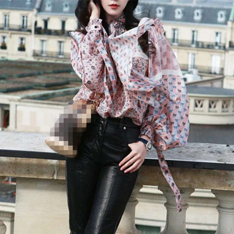 Print Chiffon Womens Tops And Blouses Shirt Series Bow Collar Lantern Sleeve Loose Women's Shirts New 2018 Fashion Clothing Tide |
