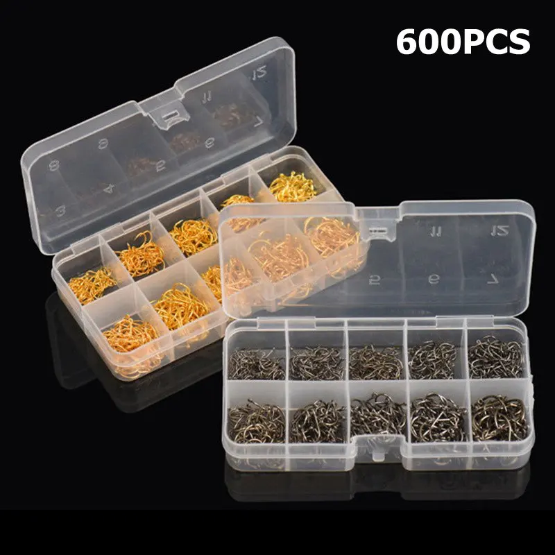 

600pcs Freshwater Carp Fishing Hook Set With Hole Fly Fishing Tackle Box 3# -12# Carbon Steel Jig Lake River Topwater Fishhooks