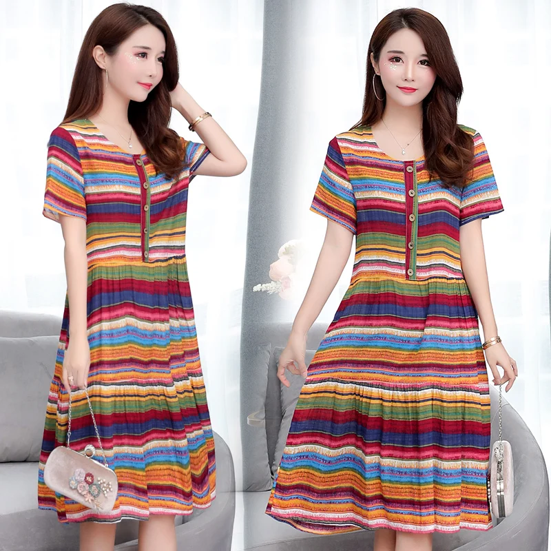 

2019 Women's Summer New Loose Dress Bubble Cotton Print dress Women's Cotton Silk Dress plus size 6XL sexy dress