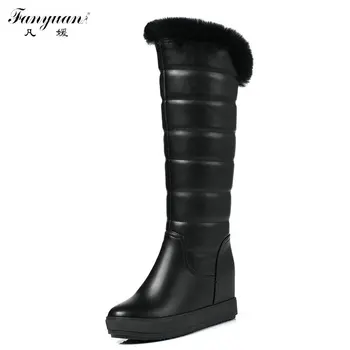 

Winter Rabbit Hair Mid-Calf Woman Snow Boots with Round Toe Platform Solid High Wedge Heel Slip-on Plush