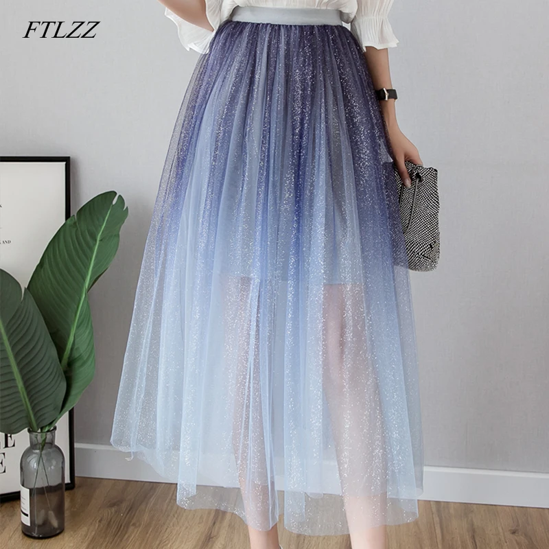 

FTLZZ Gradient Skirt Pleated Long Girls Skirt Woman Mesh High Waist A-Line Pleated Midi Skirt Metallic Multi-Color Female