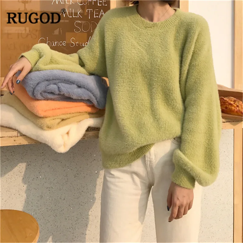 RUGOD Solid Women Sweaters Knitted Warm Winter Clothes O-Neck Sweet Lady Casual Pullovers pull femme hiver | Женская одежда