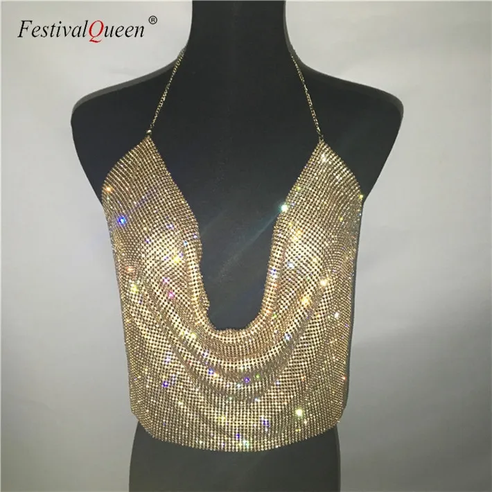 FestivalQueen, блестящие стразы, открытая спина, вечерние, короткий топ для женщин, лето, глубокий v-образный вырез, для ночного клуба, бриллианты, металлические майки - Цвет: Golden