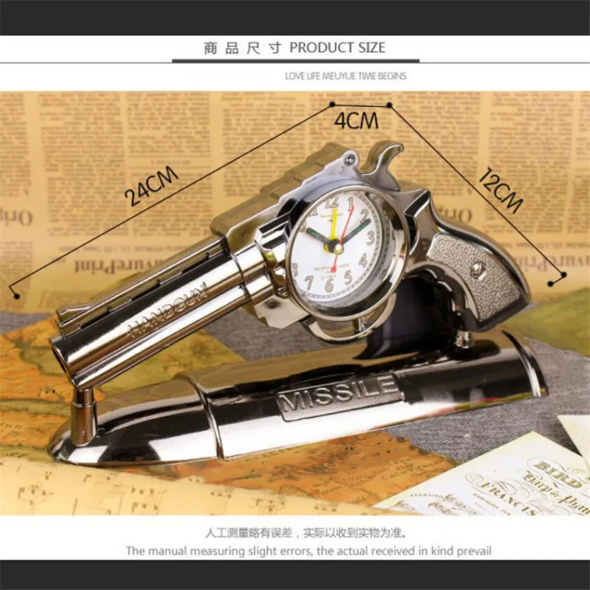 Stylish retro Vintage revolver quartz alarm clock creative desk table clock for office home study decoration Home Decors klok (4)