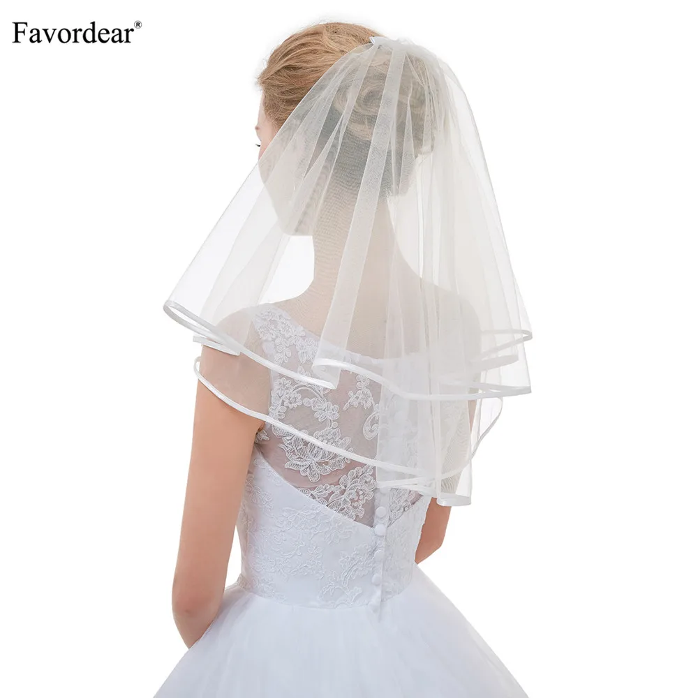 Favordear Top Quality Cute Short Veils for Short Hair Brides Flower Girl Veils Ivory Simple Ribbon Edge Wedding Veil for Brides