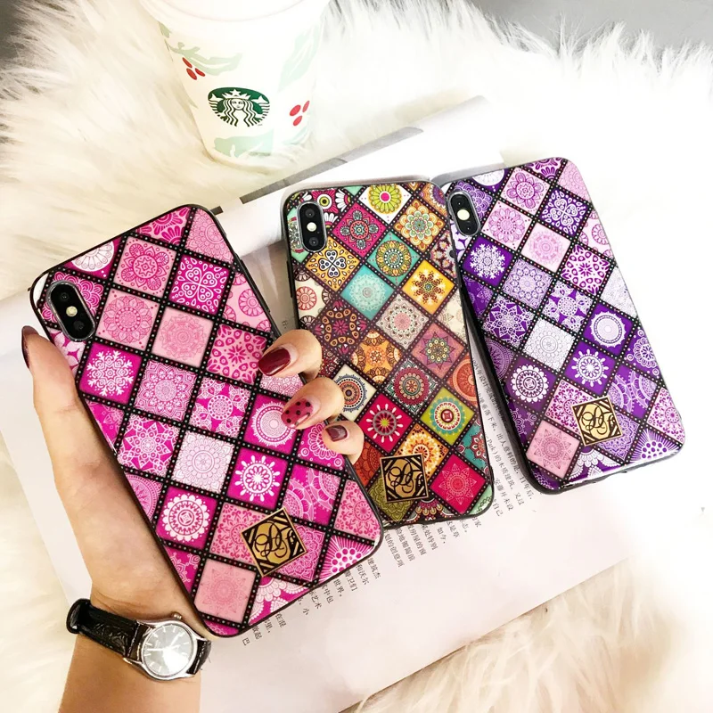 

Cute folk-custom square lattic glitter Porcelain phone case For iphone 6 6s 7 8 plus European and American style cover for apple