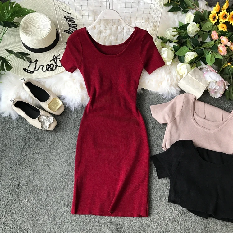 

2019 new fashion women's dresses New sexy short sleeve knit dress slim