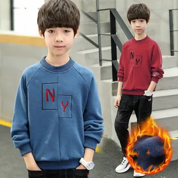 

Boys 6-14 Y Long Sleeve O-neck Hoodless Casual Tee Top Hoodies Pullover Closure Soft Warm Fleece Spring Autumn Underwear Hoodies