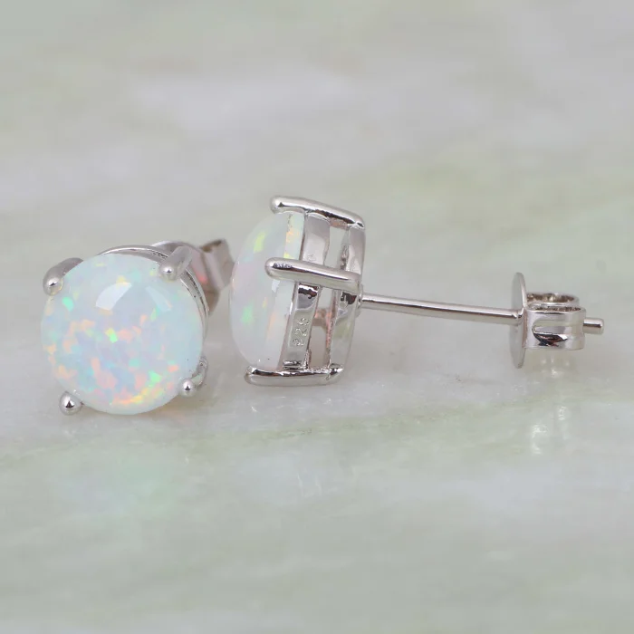 Женские серьги гвоздики с белым огненным опалом серебряного цвета|opal stud earrings|fire