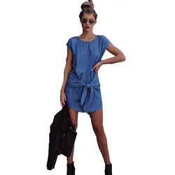 Модные женские Обувь для девочек повседневные платья Slim Fit синего джинсового цвета Джинсовое Платье Нерегулярные футболка с коротким