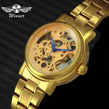 

WINNER Top Brand Luxury Women Watches Auto Mechanical Crystal Iced Out Skeleton Dial Steel Strap Elegant Dress Ladies Wristwatch