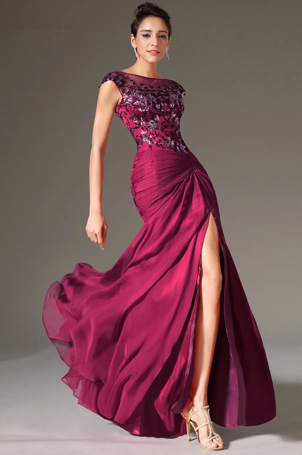 Free-Shipping-O-Neck-Cap-Sleeves-Front-Slit-Burgundy-Evening-Dresses