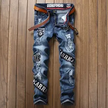 New Letter Designer Man font b Jeans b font Fashion Cutout Blue Trousers