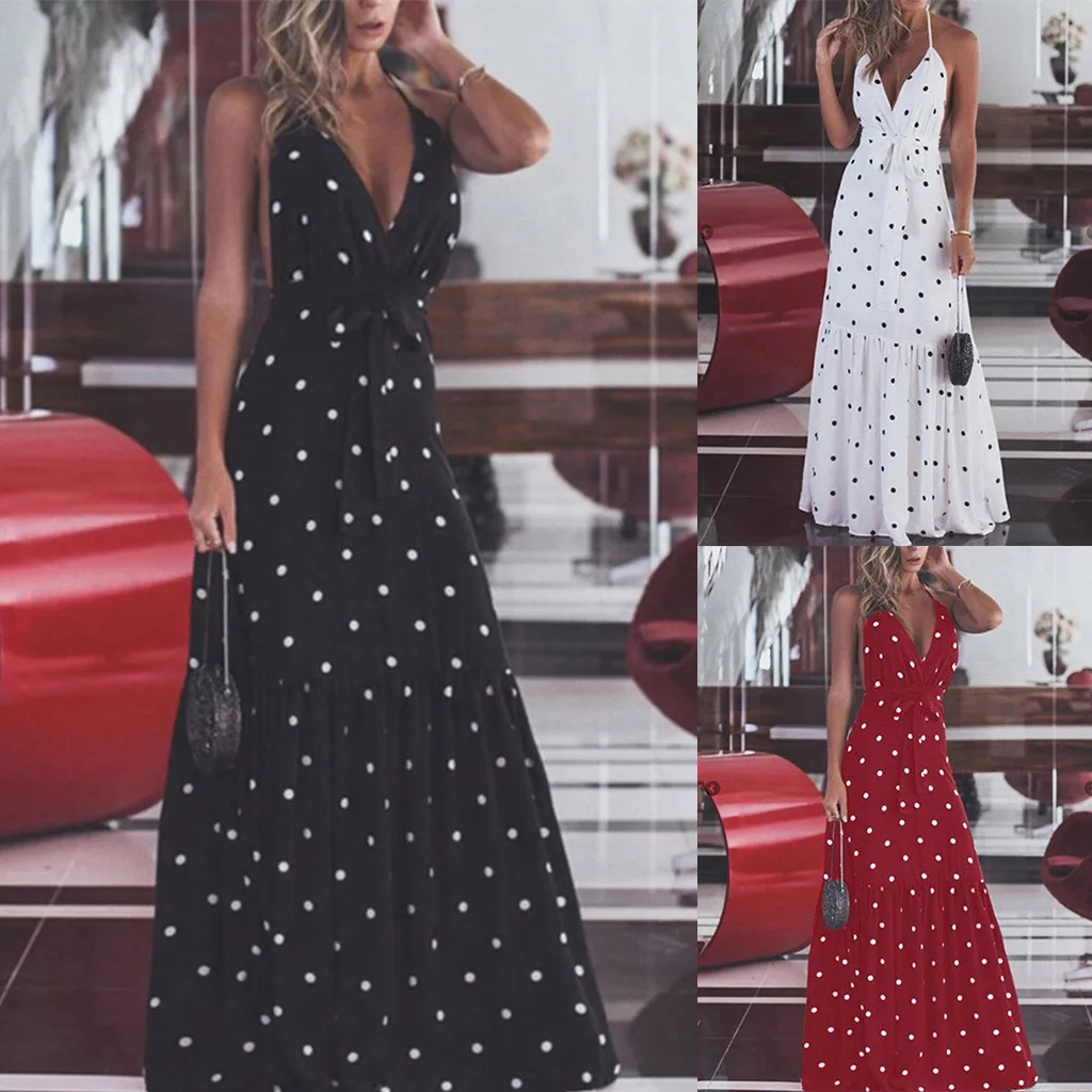 

Summer Women Dress 2019 Vintage Sexy Bohemian Women Casual Summer Dot Printed Sleeveless Beach Dress Sundress S-2XL sales