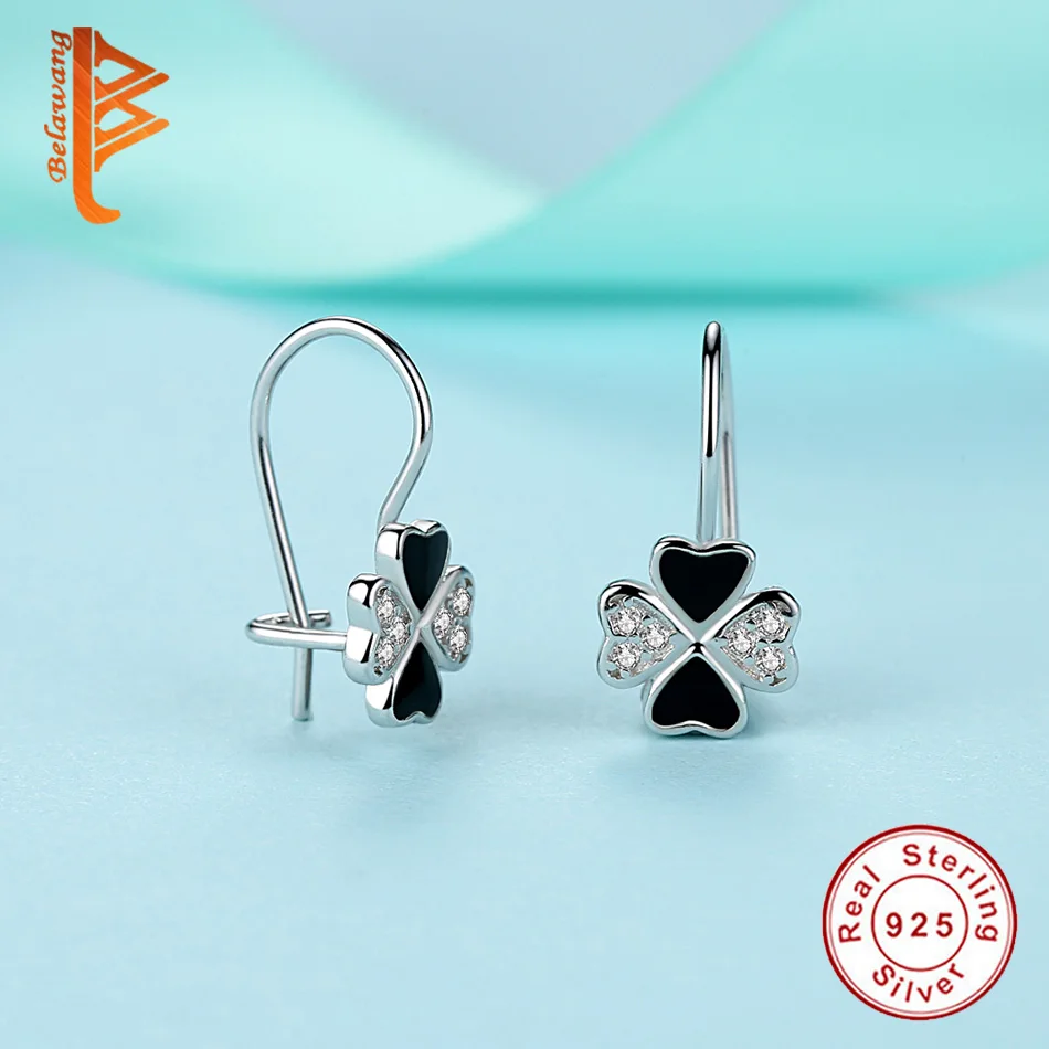 Wholesale 925 Sterling Silver Hoop Earrings Black Enamel Four-leaf clover Hoop Earrings For Women Silver Jewelry Gift