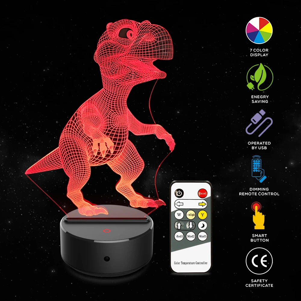 

Dinosaur Shape 3D Illusion Lamp 7 Color Change Touch Switch LED Night Light Acrylic Desk lamp Atmosphere Lamp Novelty Lighting