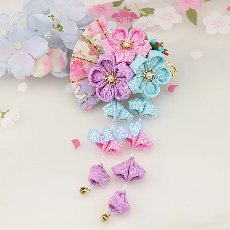 Pure Handmade Japanese Style Tsumami Kanzashi Hair Clip Pin - Pink and Red Tassels, Sakura Flower Fan Kimono Accessory image 6