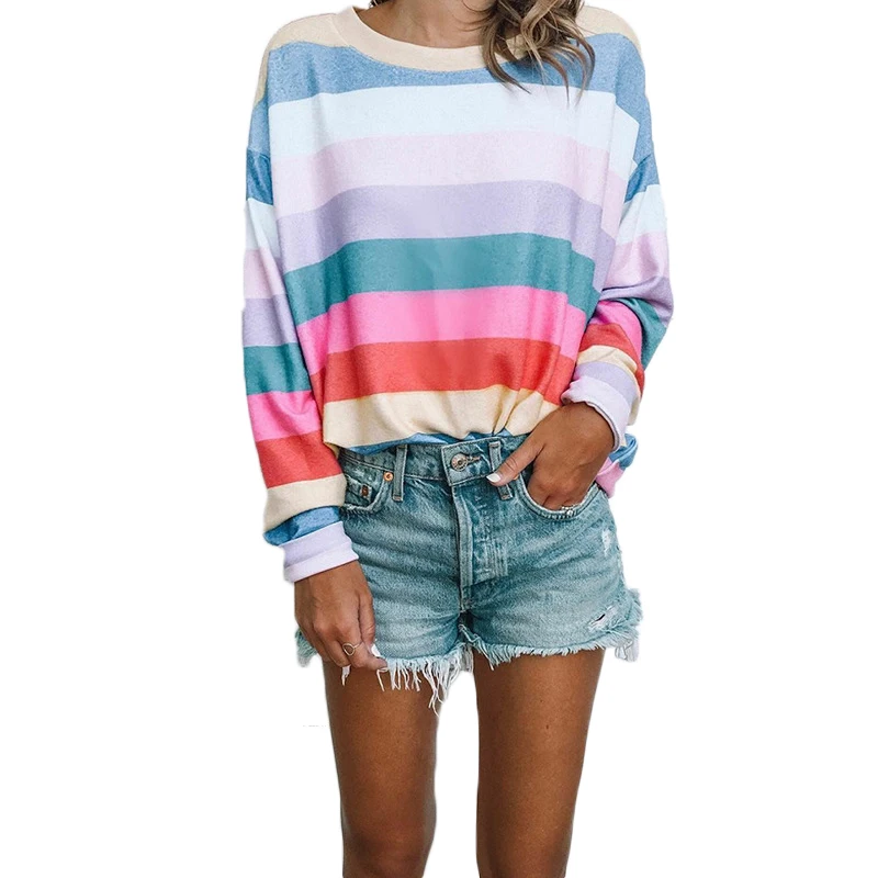 

Sweatshirt Women's 2018 Autumn Winter Fashion Printing O-neck Long Sleeve Color Stripe Hoodies Women