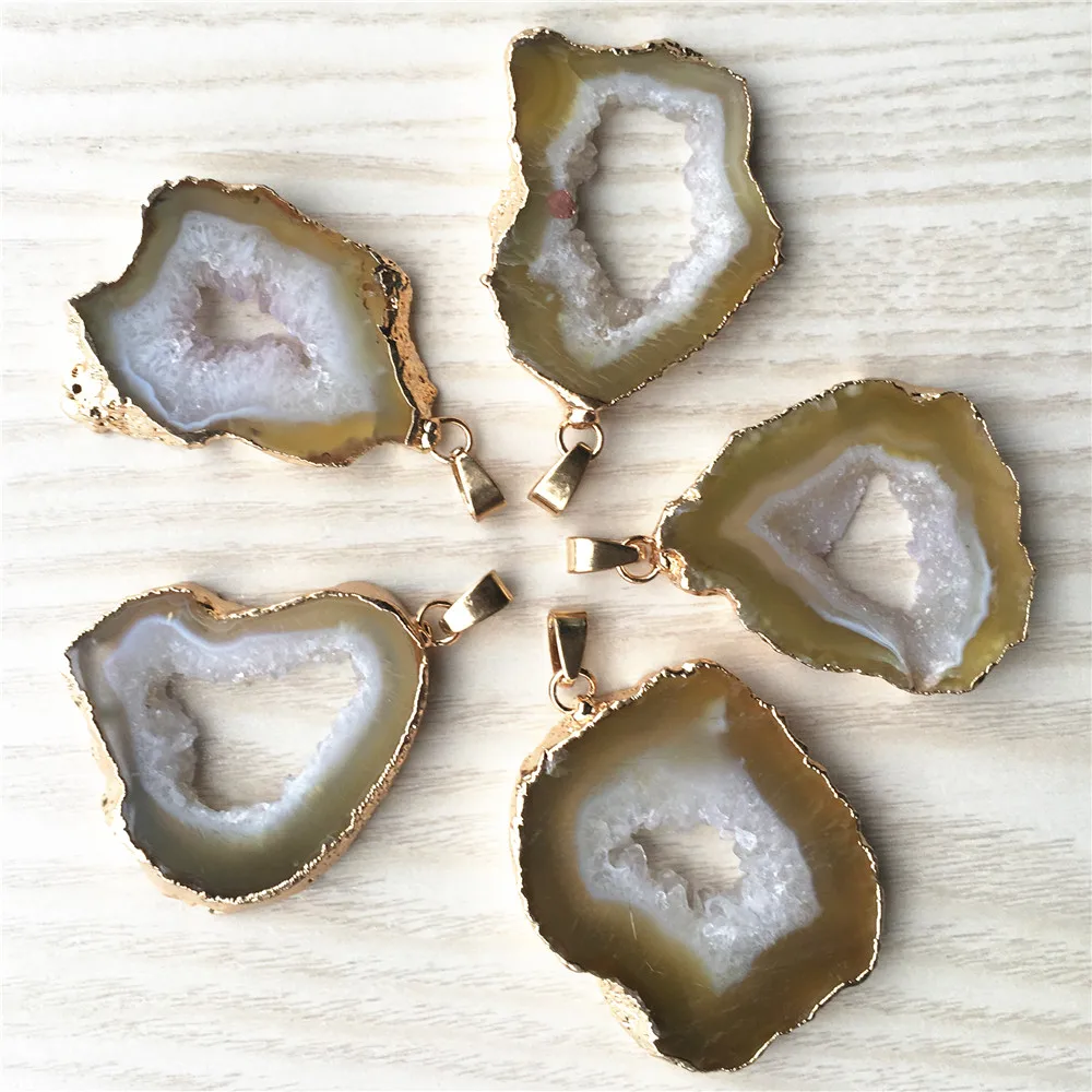 

Hot! Natural Stone Brazilian Electroplated Edged Slice Open Agates Geode Druzys Drusy Pendants for Women Necklace Jewelry Making