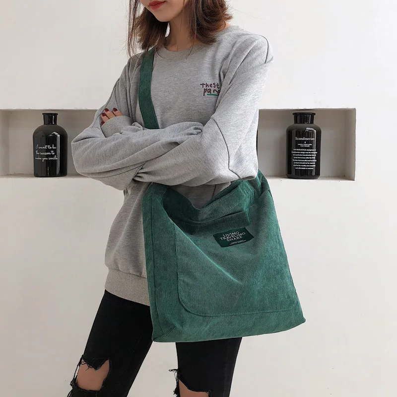 Blackish Green Женская Вельветовая сумка на плечо, Женская Холщовая Сумка через плечо, простая тканевая сумка, сумка-тоут, одноцветная сумка-мессенджер на молнии для девочек - Цвет: Blackish Green