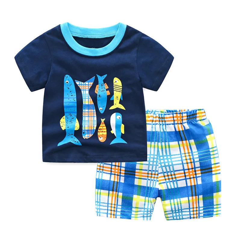 

Baby boys girls new designed clothing sets with printed some cute fish kids quality summer clothing kids top brand sets pyjamas