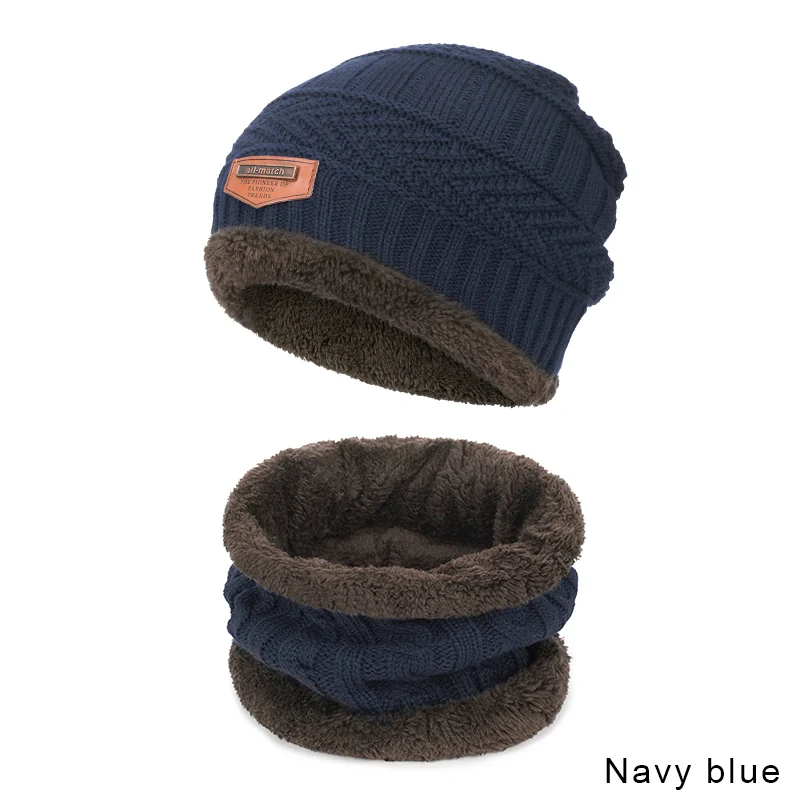 Navy blue MLTBB детская зимняя шапка, шарф, набор для мальчиков и девочек, вязаные шапки, набор шарфов, плотный хлопок, бархат, теплая верхняя одежда, необходимые аксессуары - Цвет: Navy blue
