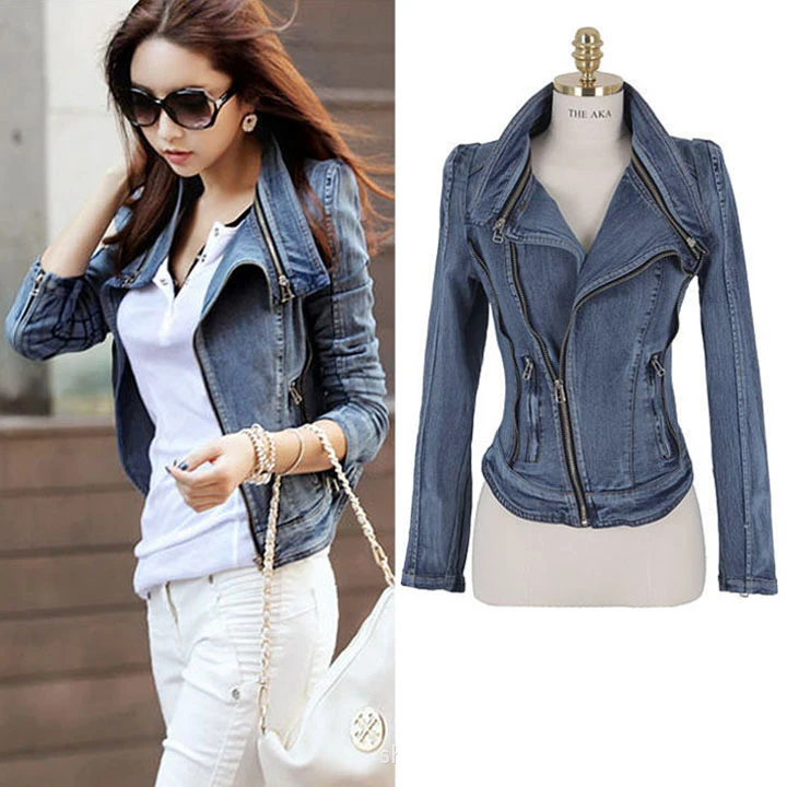 WC085 Women's Padded Shoulder Denim Blazer with Front Zippers Short