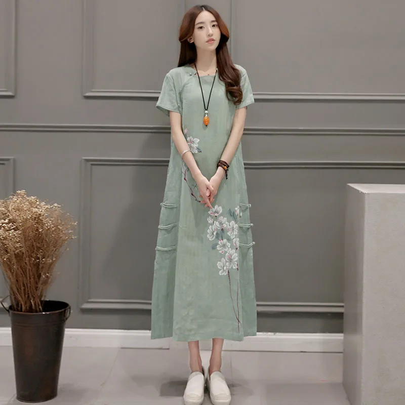 

New Arrive Summer Fashion Flax Printing Female Loose Dress Linen Dress Short Sleeve