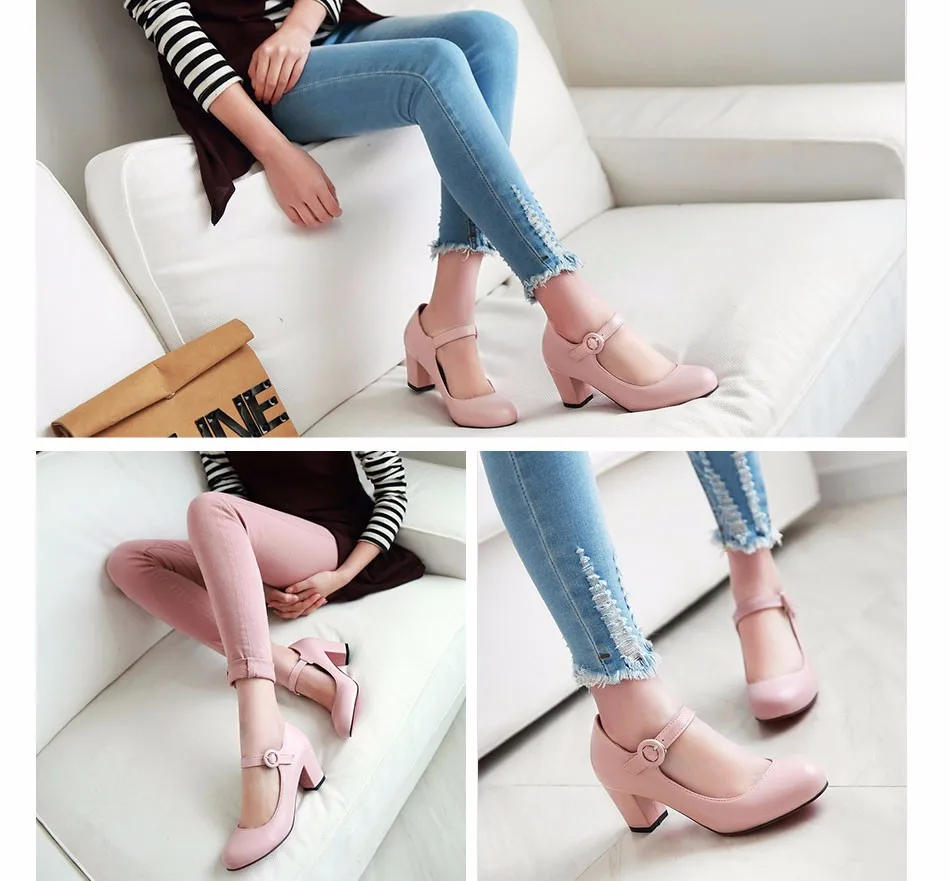 Meotina Women Shoes Mary Jane Ladies High Heels White Wedding Shoes Thick Heel Pumps Lady Shoes Black Pink Beige Plus Size 43 10 10