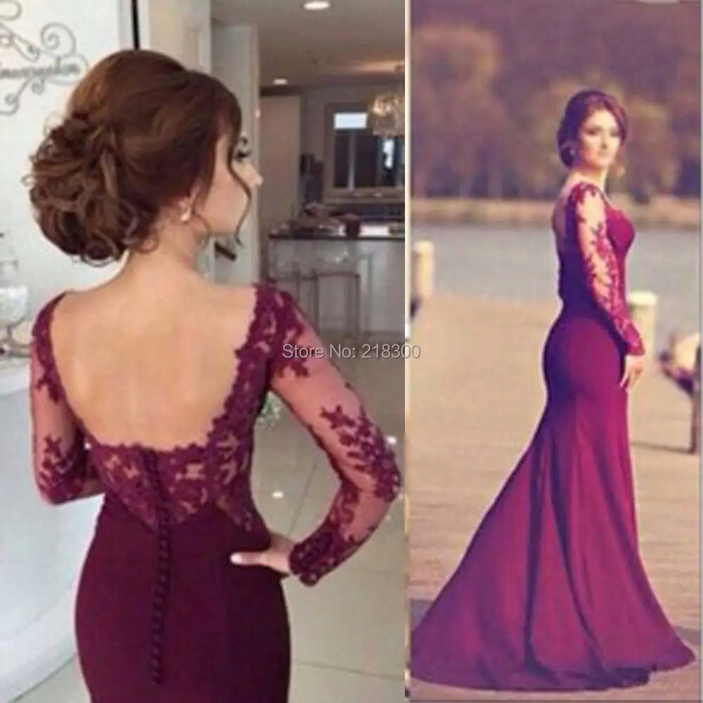 Plum Mermaid Prom Dress Long Sleeves Backless Dresses See Burgundy Mermaid Prom Dress Long Sleeves
