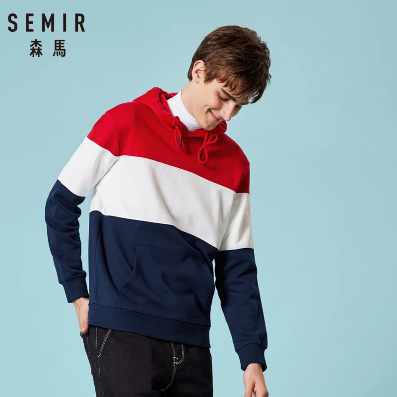  SEMIR Men Retro Color Block Hooded Sweatshirt with Kangaroo Pocket Pullover Hoodie Elastic Drawstri