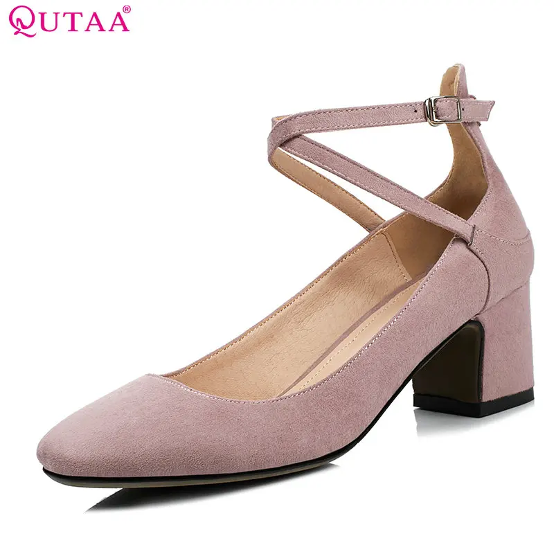 

QUTAA 2018 Women Pumps Fashion Flock Square Toe Ankle Strap Spring and Autumn Square High Heel Cute Ladies Pumps Size 33-43