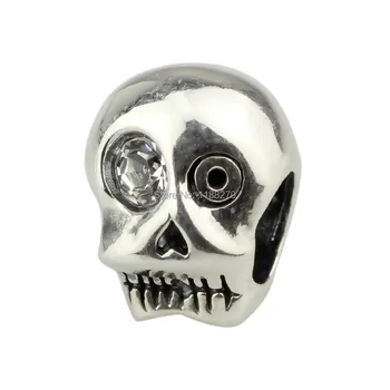 

925 Sterling Silver Charm Bead Skull Clear CZ eye Rock Punk Tone European Style Fit Snake Chains& Necklaces Bracelet DIY