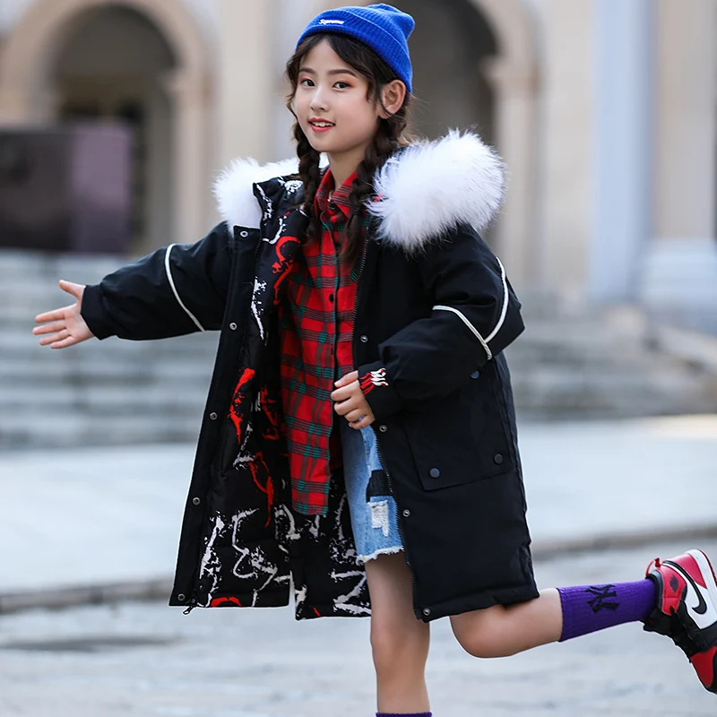 

2019 Winter Warm Girl's Down Jackets Reversible Design Flamingo Children Down Parkas Coat Fur Kids Teenager Thickening Outerwear