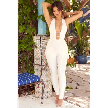 

Hot Sale 2019 jumpsuits Sexy Hollow out Backless Elegant Deep V-neck Women Bandage Temperament Night Club Jumpsuit Wholesale