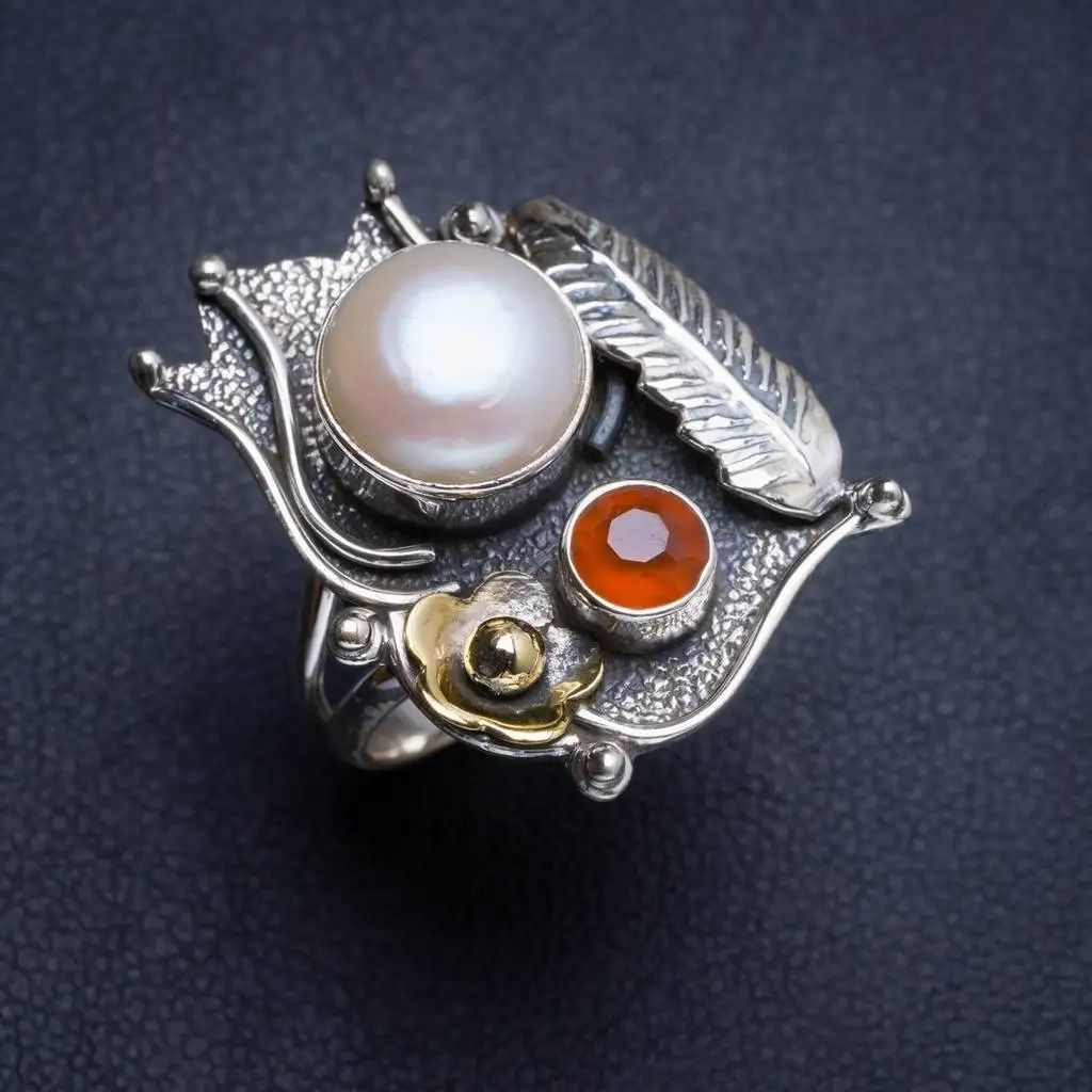 

Natural River Pearl and Carnelian Two tones 925 Sterling Silver Ring 5.75 Y4649