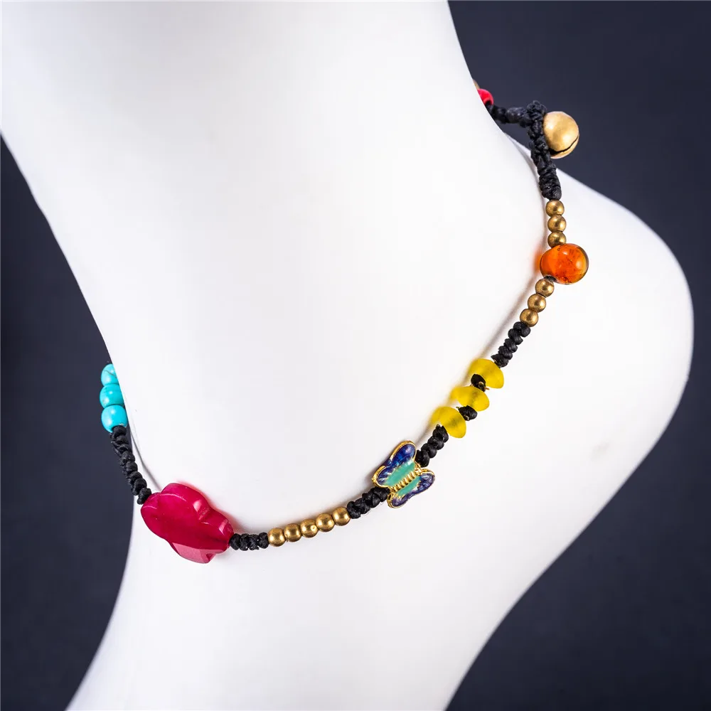 Этническая Boho Плетеный, с камнями цепи ножной браслет для Для женщин Gypsy Стиль Бабочка Шарм браслет на ногу ювелирные изделия